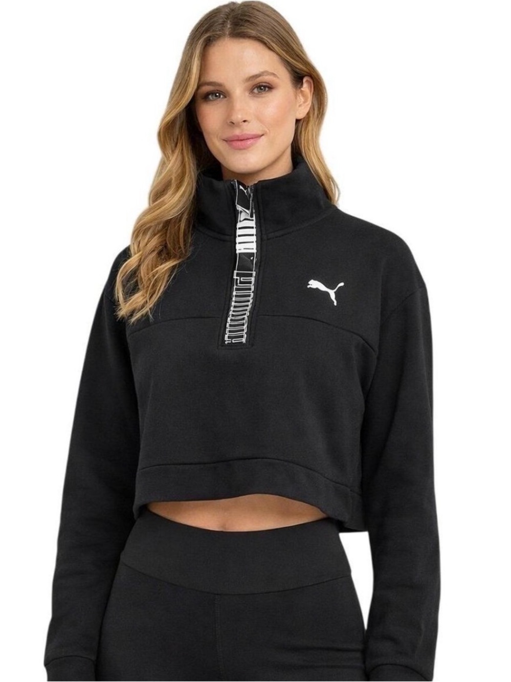 Puma Black Cropped Half-Zip Pullover with White Logo